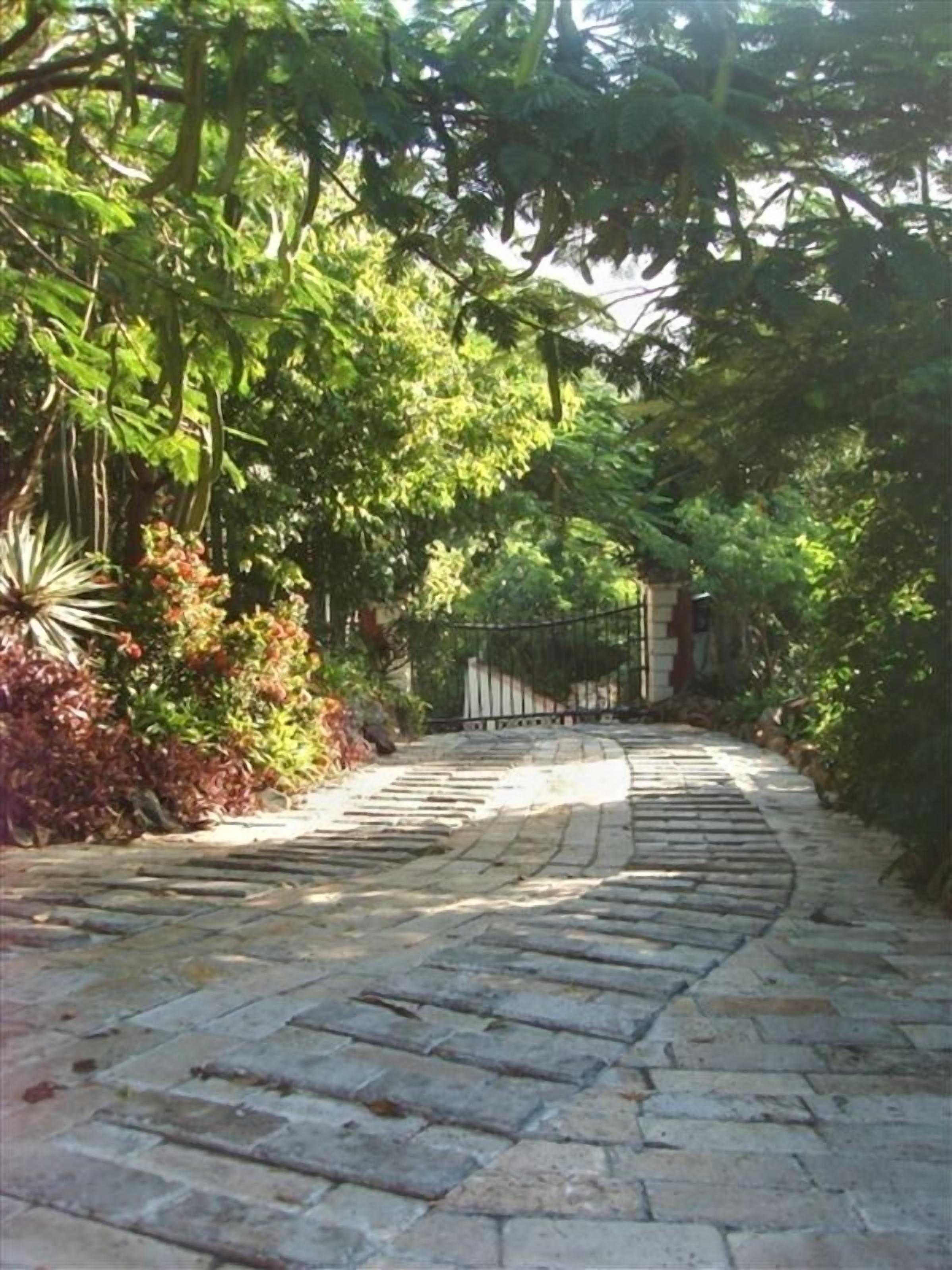 A stone pathway leading through a lush garden area with dense foliage and a metal gate in the distance.