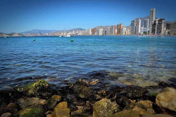 A coastal cityscape with clear blue waters, rocky shoreline, and a distant city skyline.