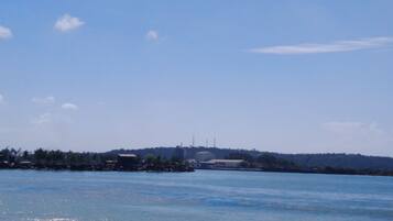 A waterfront view with a clear sky, calm water, and distant buildings.