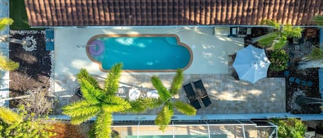 Une piscine sur le toit offrant une vue dégagée sur les environs, avec notamment une terrasse couverte et un espace clos par des parois de verre.