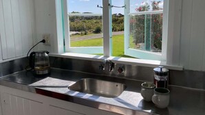 Una cocina con un lavamanos de acero inoxidable, una cafetera y una ventana con vistas a la vegetación.