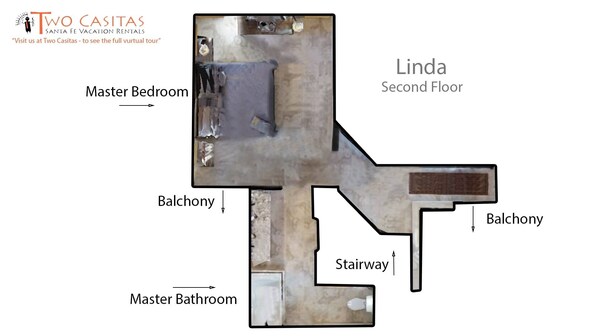 A floor plan of a property with a master bedroom, master bathroom, and two balconies.