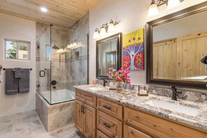 Shower, hair dryer, shampoo