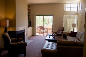 Een televisie, een open haard, een dvd-speler en boeken