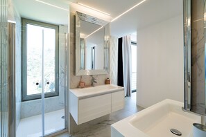 Shower, hair dryer, towels