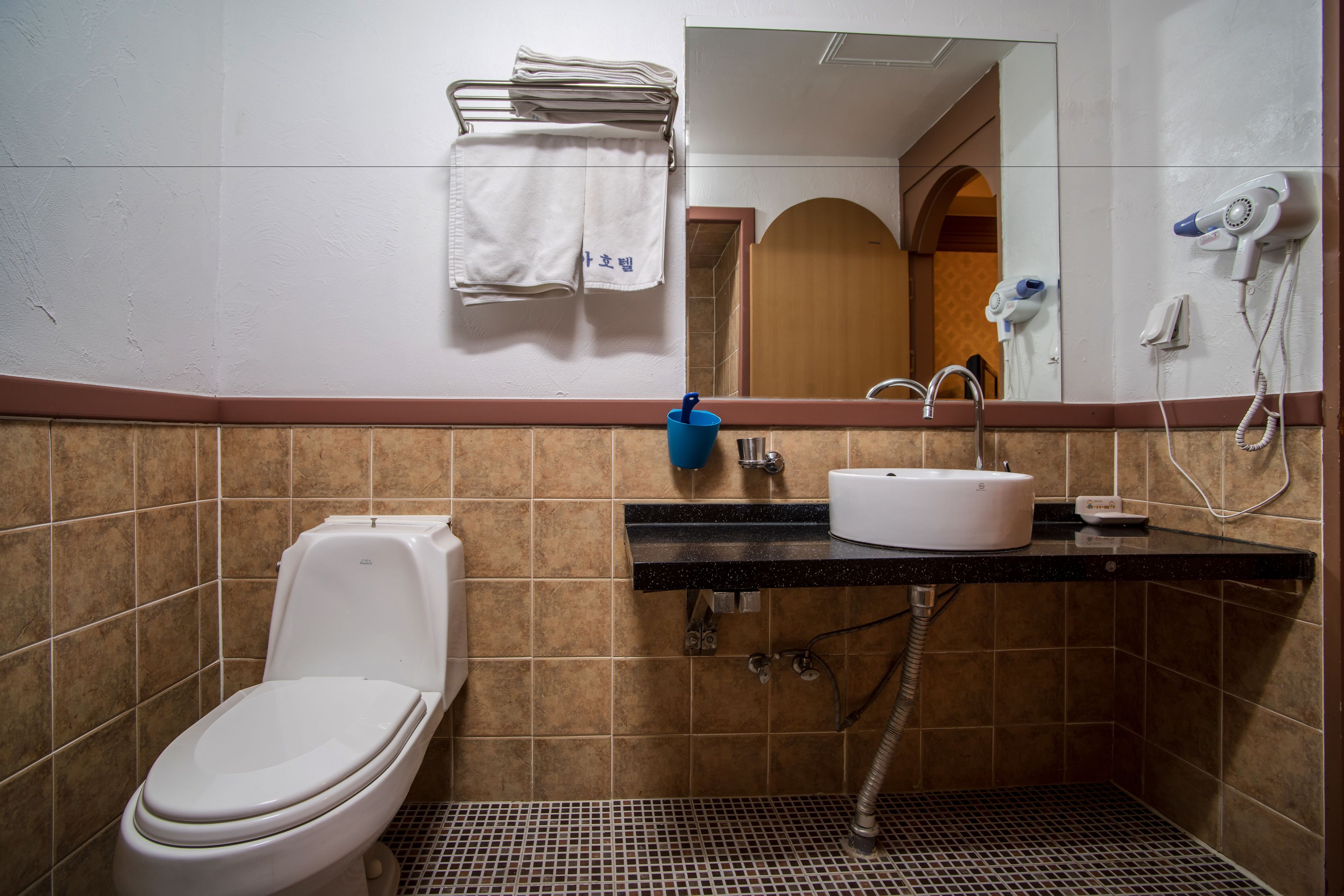 A bathroom with a toilet, sink, and mirror. There are towels hanging on the wall and a hairdryer on the counter.