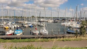 A marina with numerous sailboats docked.
