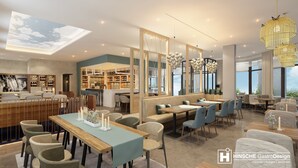A modern restaurant with a bar area, seating arrangements, and a view of the outdoors. - Charming suite with pool-sauna area, spa-wellness area, restaurant. (Börgerende-Rethwisch)