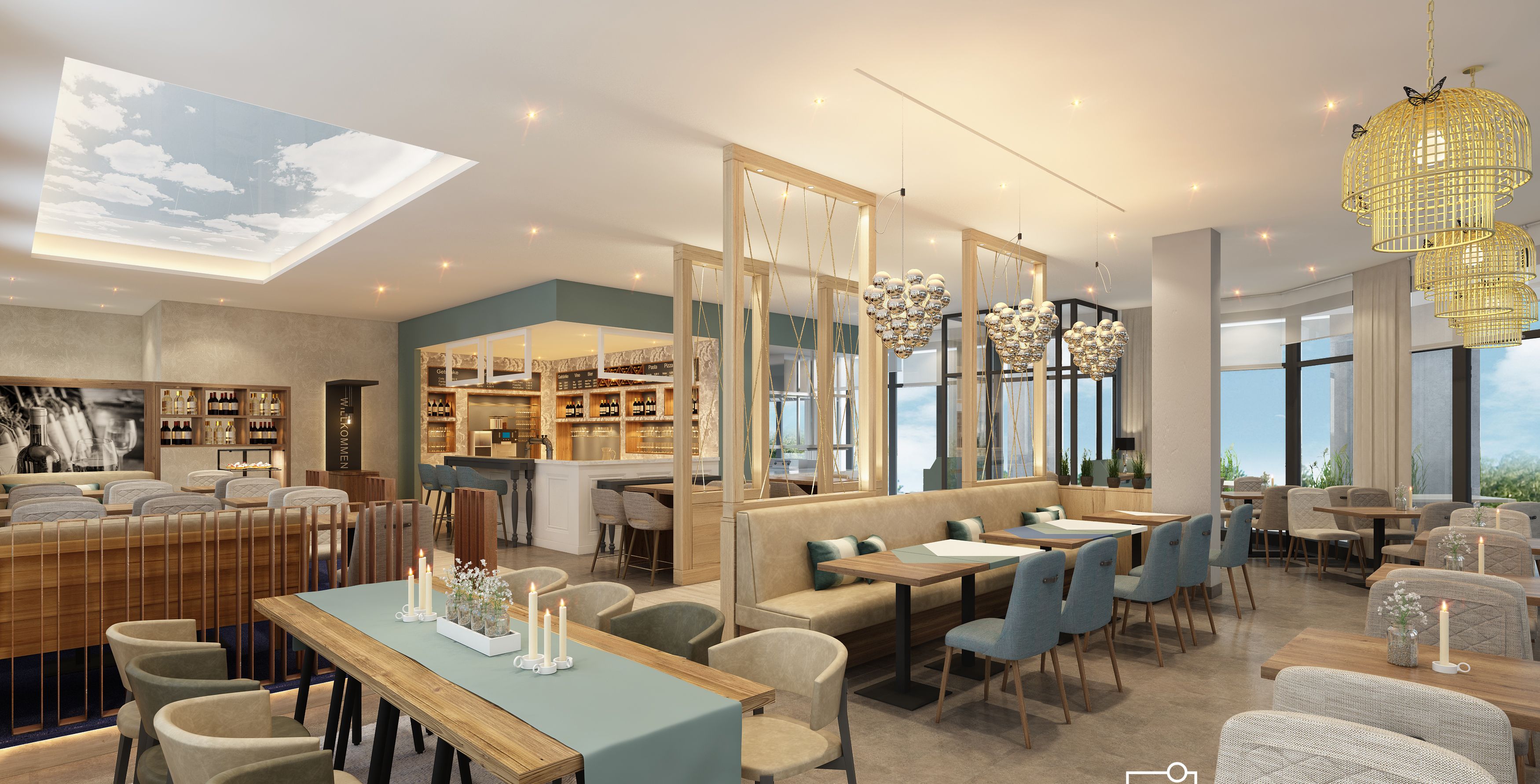 Un restaurant moderne doté d’un bar, de différents types de tables et offrant une vue sur l’extérieur.