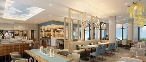 En modern restaurang med en bardel, olika typer av sittplatser och utsikt över omgivningen.