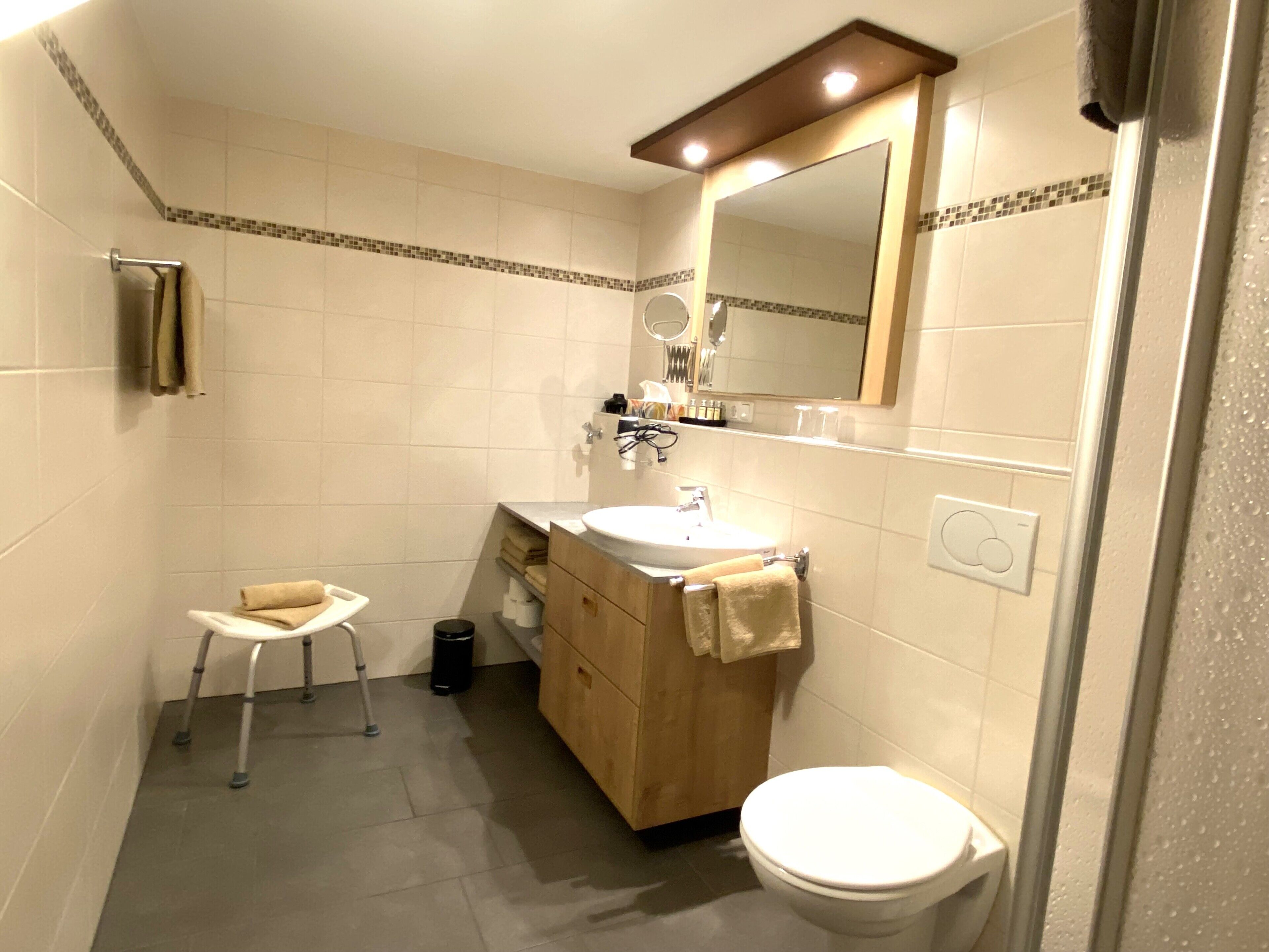 Chuveiro, secador de cabelo, toalhas de banho, papel higiênico