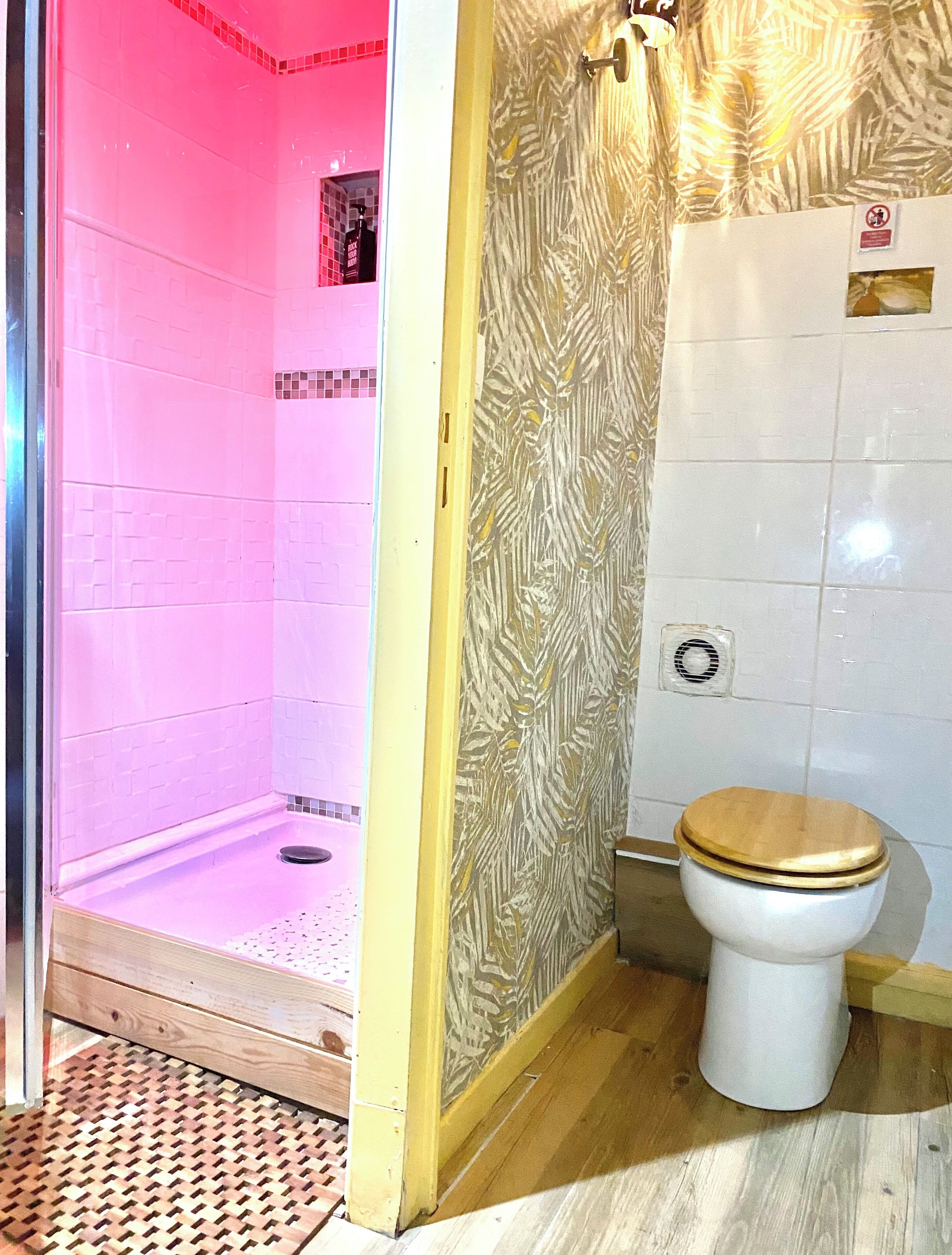 Une salle de bain avec douche, toilettes et murs carrelés.