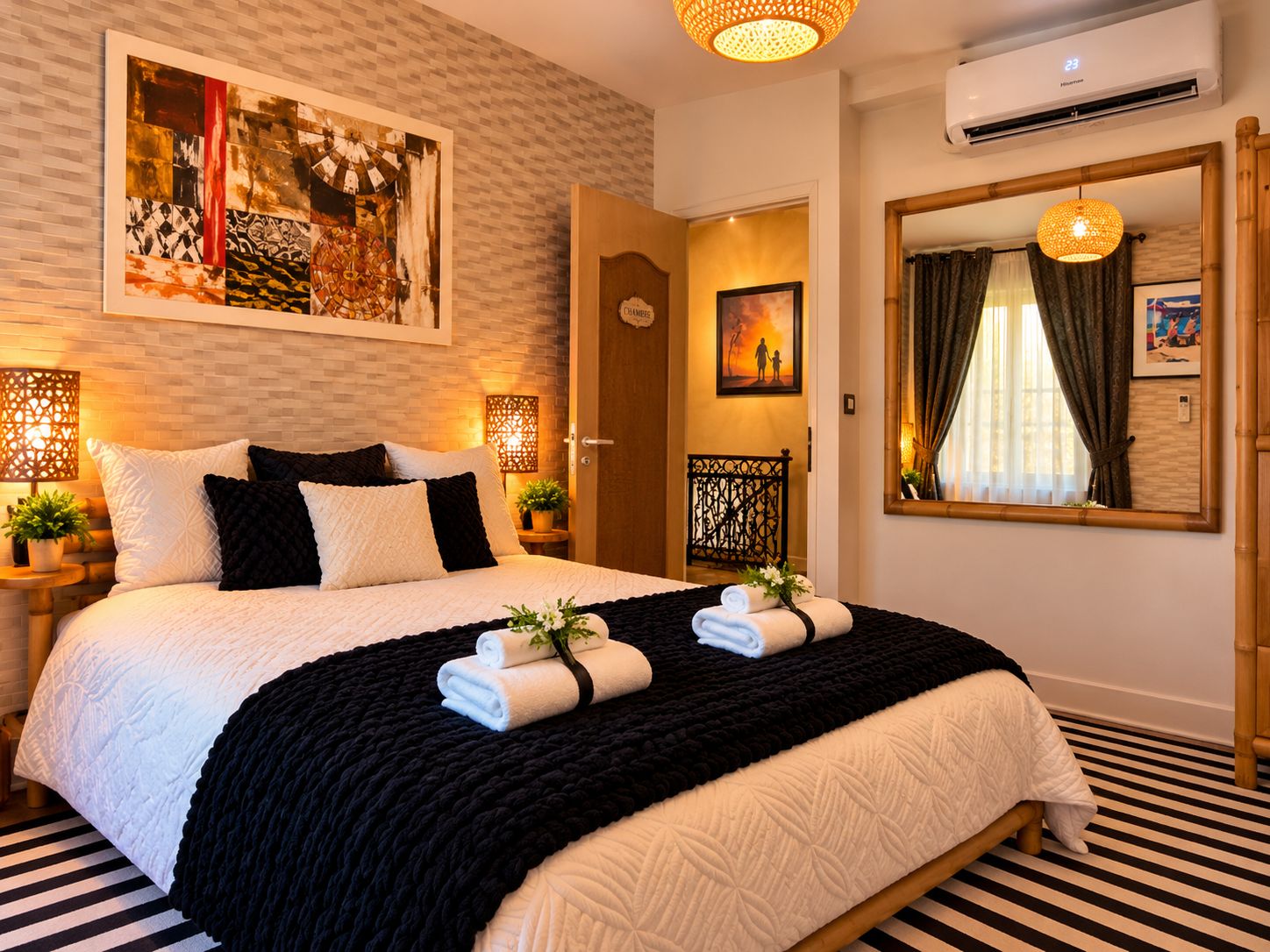 A hotel room with a large bed, a painting on the wall, an air conditioning unit, and a mirror reflecting the room.