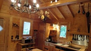 Eine gemütliche Küchenzeile im Blockhausstil mit Holzwänden, einer Pendelleuchte und einfachen Annehmlichkeiten.