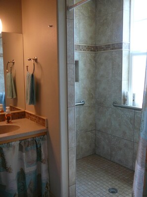Hair dryer, towels, soap, shampoo
