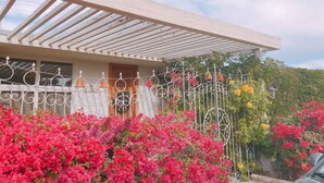 Ein überdachter Außenbereich mit einer Pergola, einem Metallgeländer und blühenden Pflanzen.