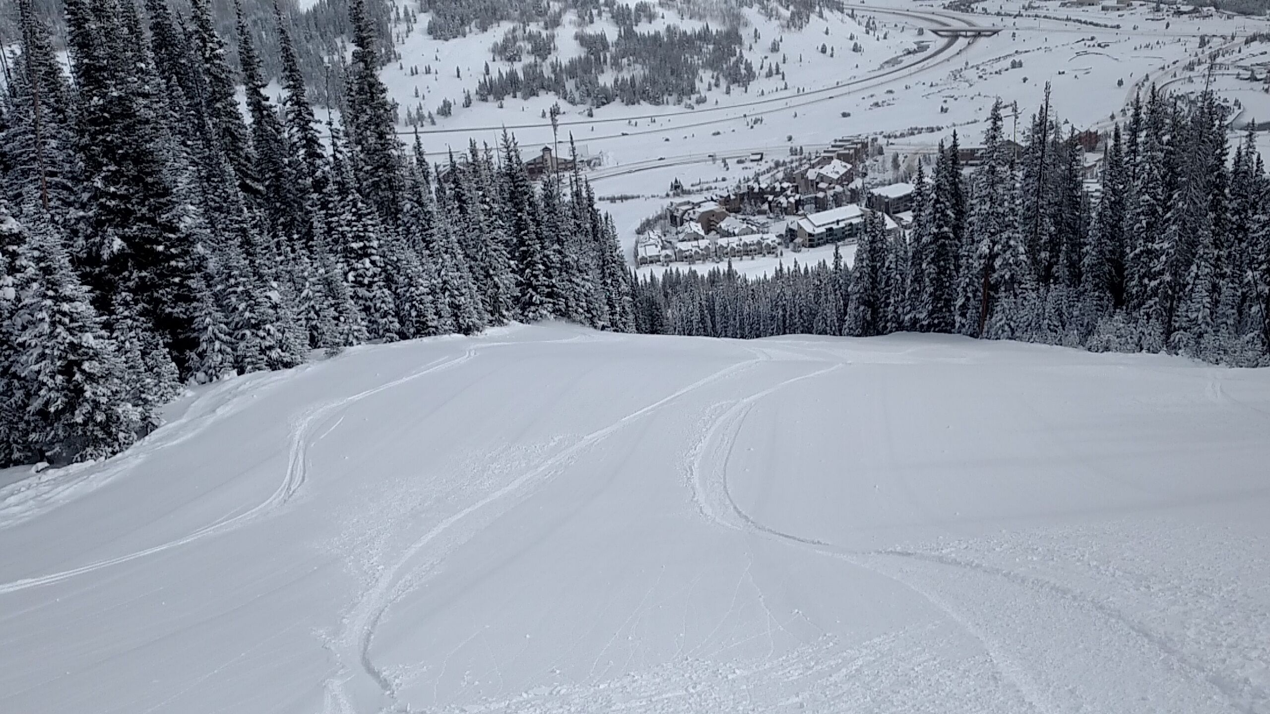 Une piste de ski enneigée, balisée, entourée d’une forêt dense de conifères.