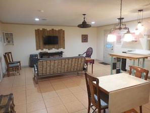 TV, DVD player, books, video library