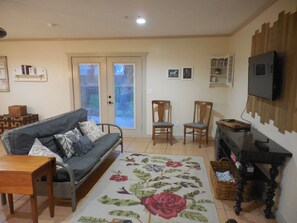 TV, DVD player, books, video library