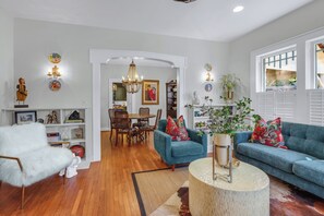 Smart TV, fireplace, DVD player, books