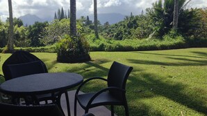 Un espace extérieur aménagé avec une table et des chaises, entouré d’une végétation luxuriante et offrant une vue sur les montagnes lointaines.