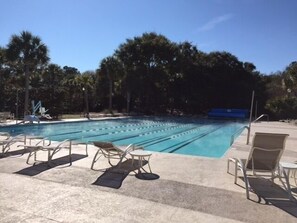 A swimming pool with multiple lanes, surrounded by lounge chairs and palm trees. - Marsh--Mellow in Wild Dunes Resort, 20 mins from historic Charleston! (Isle of Palms)