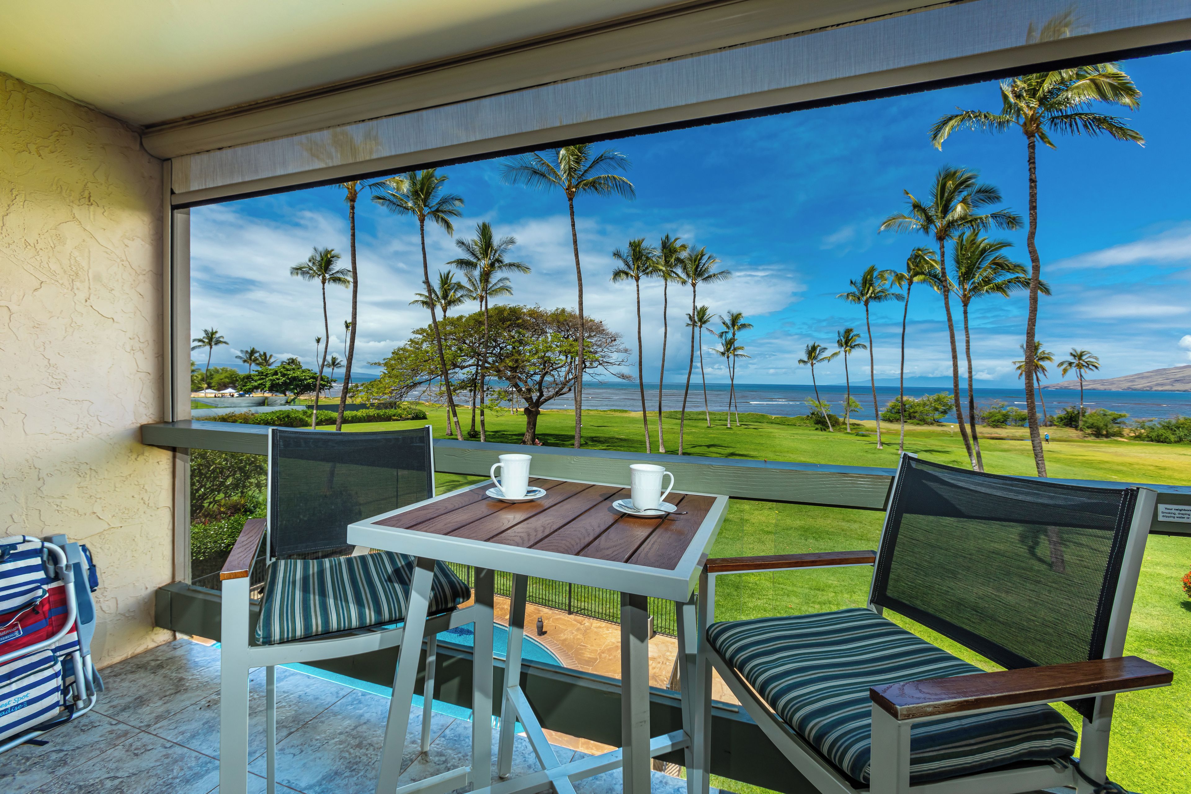A balcony with a table and chairs, overlooking a tropical landscape with palm trees and a view of the ocean.