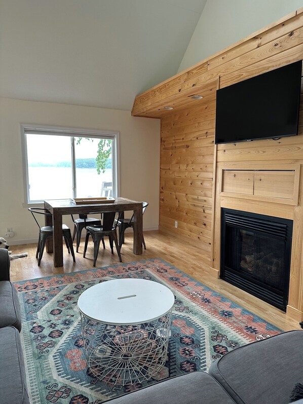 Smart TV, fireplace, DVD player, books