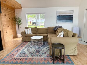 Smart TV, fireplace, DVD player, books