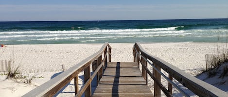 On the beach, sun-loungers