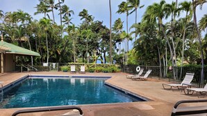 A swimming pool with lounge chairs and a table, surrounded by palm trees and a fence.