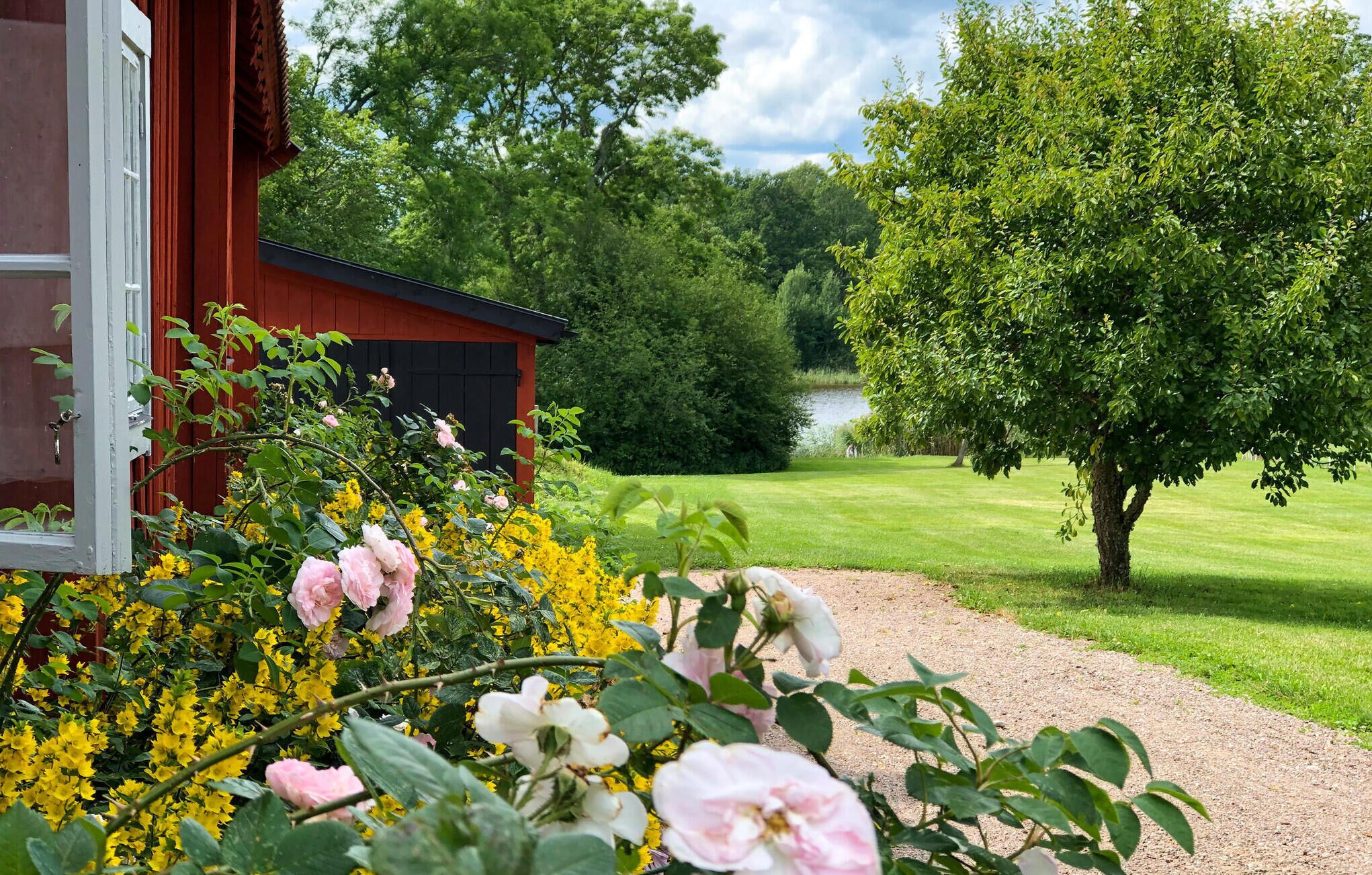 En röd byggnad med en svart dörr, omgiven av blommande rosa och gula blommor.