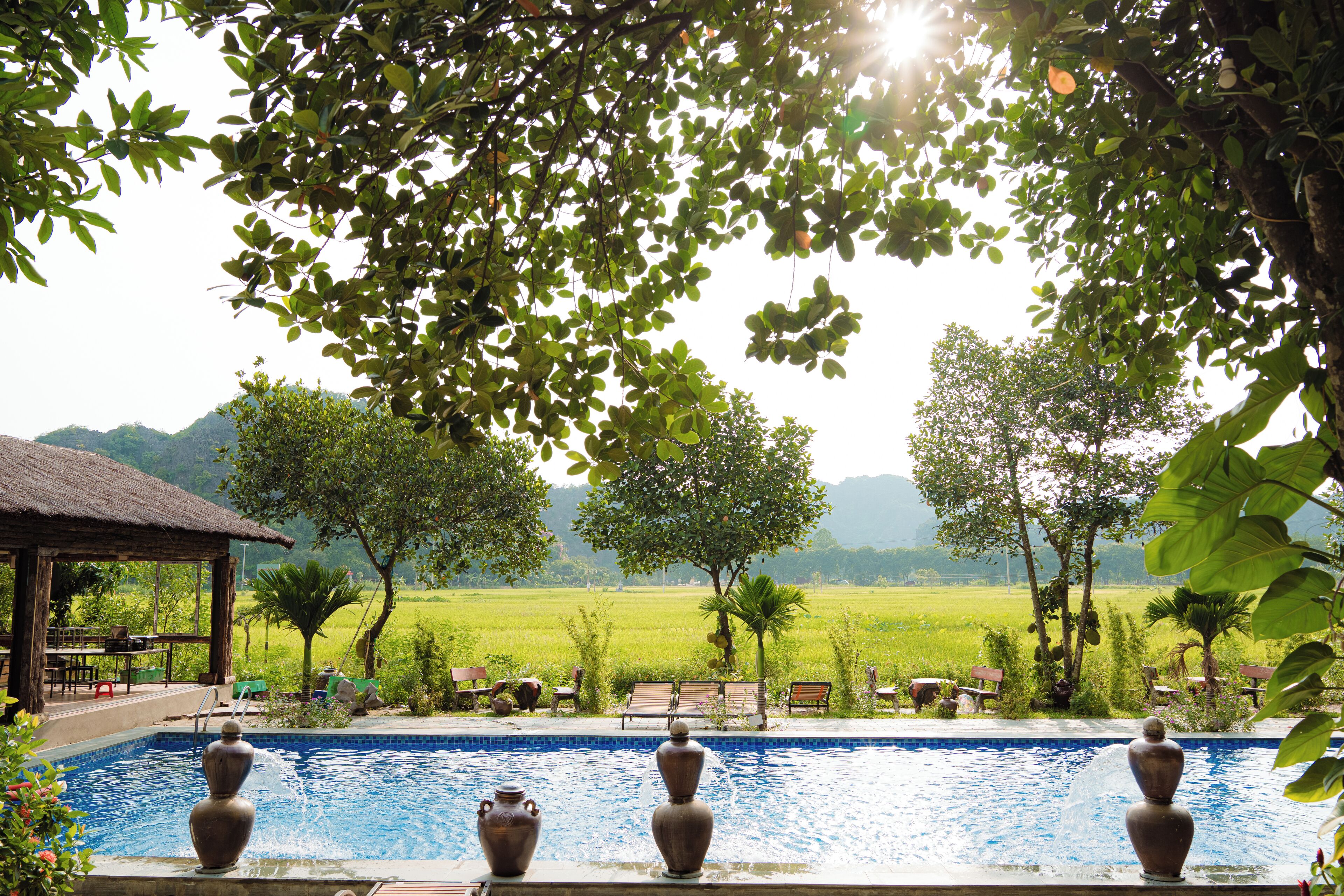 A pool with vases, surrounded by chairs and a table, with a view of a green field and mountains in the background.