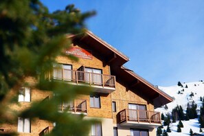 Un edificio de madera de varios pisos con balcones, un letrero que indica que es un alojamiento y una montaña nevada al fondo.