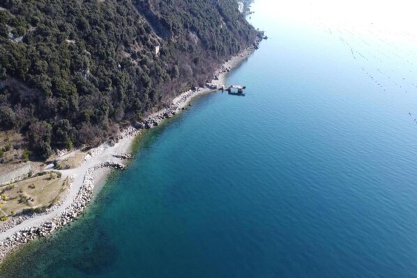An aerial view of a coastal area with a clear shoreline, rocky beach, and dense forested hills.