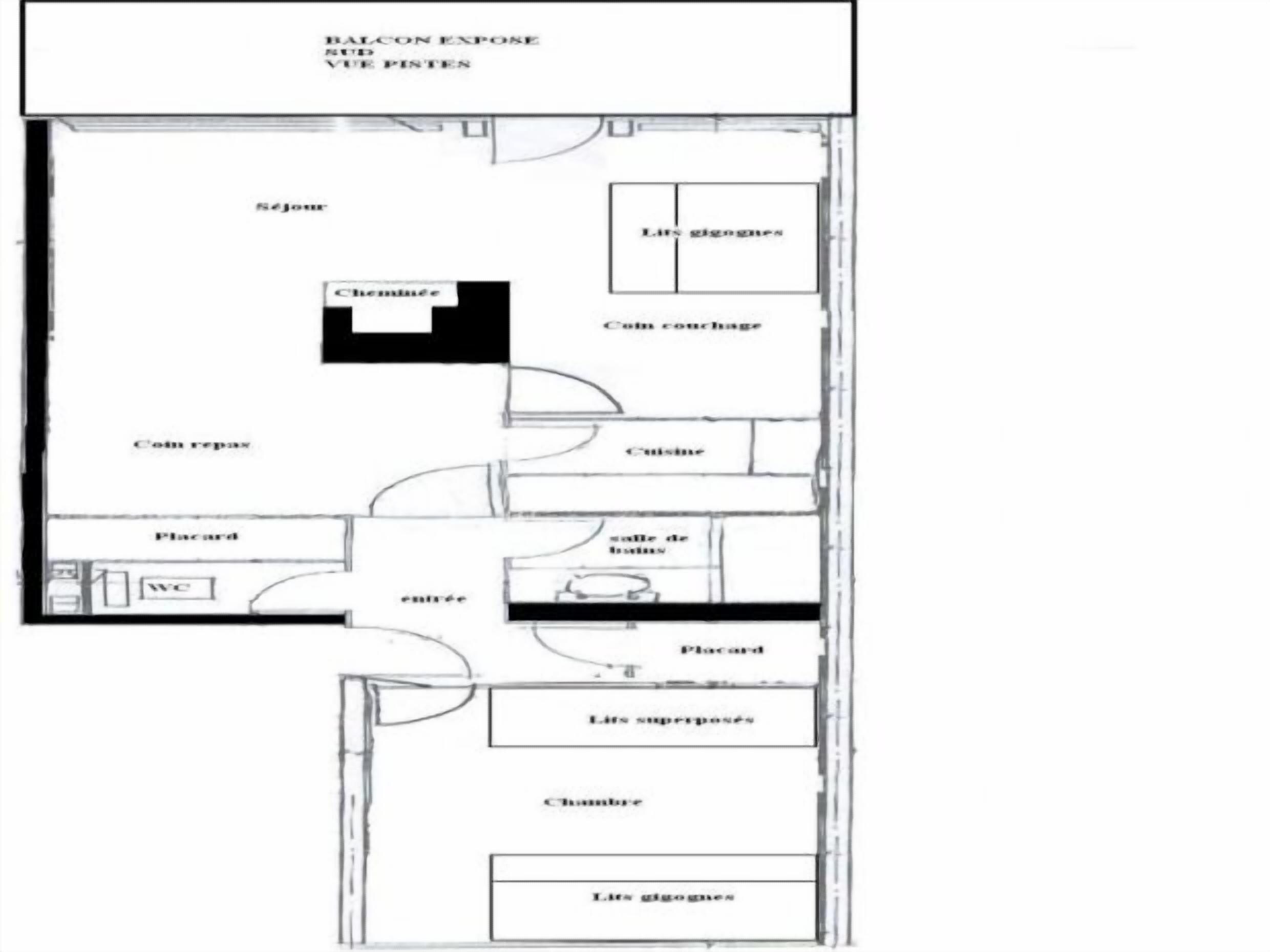 A floor plan of a hotel with a balcony, a kitchen, a dining area, a living room, a bathroom, and a bedroom.