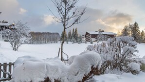 A snow-covered landscape with a wooden cabin, a clear sky, and a forest in the background. - Duplex 2-bed apartment, terrace, near slopes in Megève (Megève)