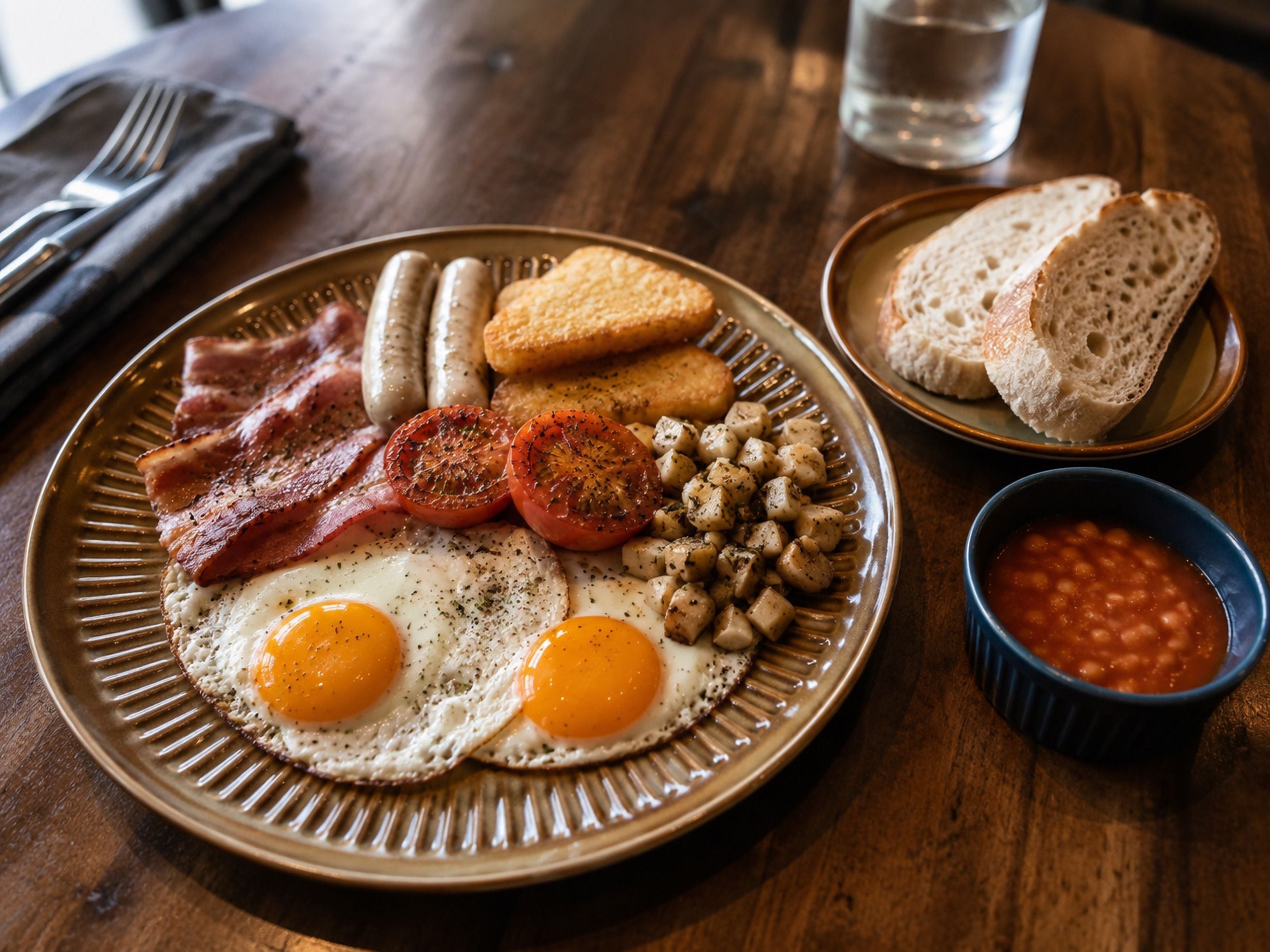 A breakfast plate with eggs, bacon, sausages, tomatoes, and toast.