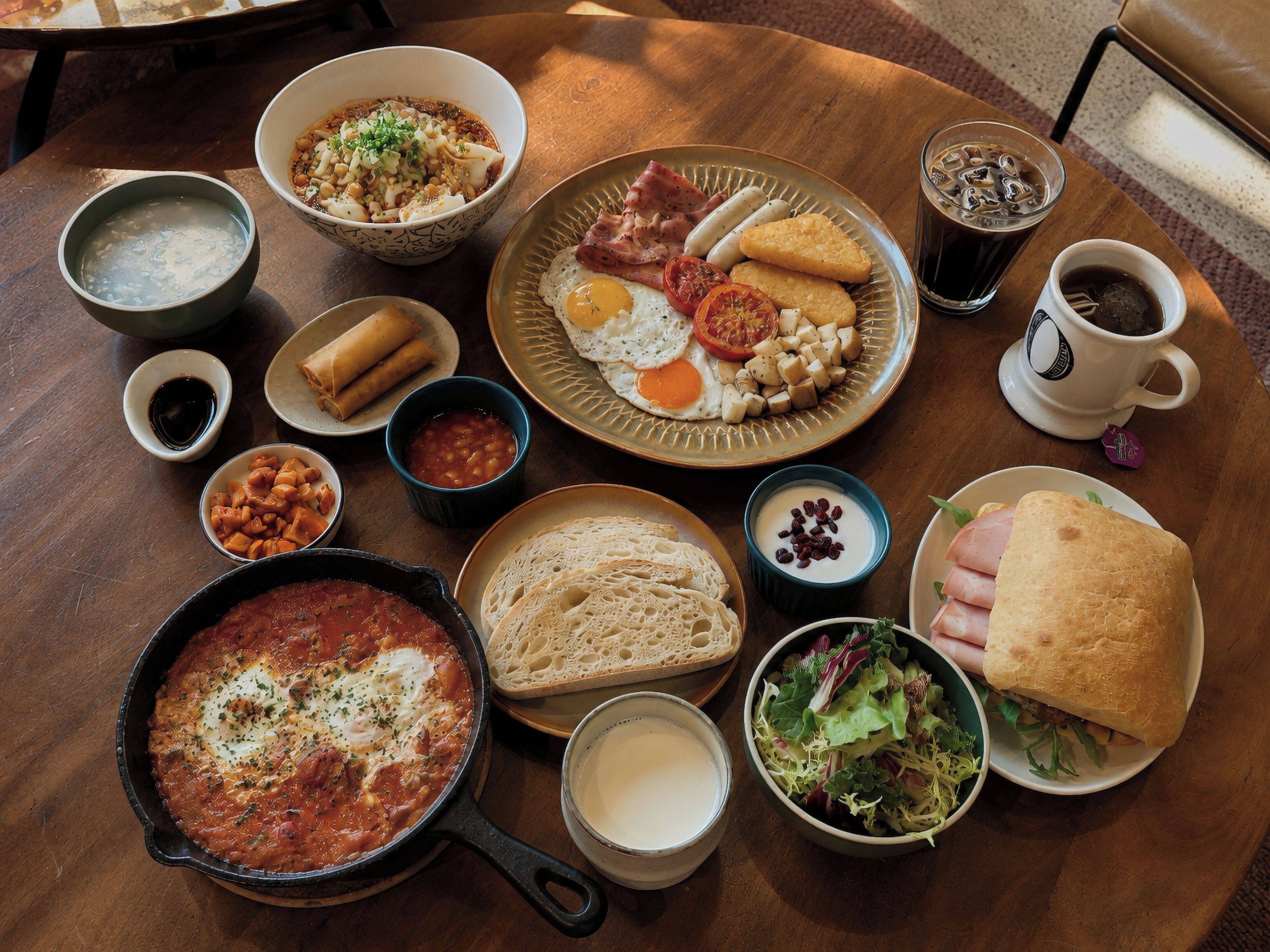A variety of breakfast items including eggs, toast, and a salad on a wooden table.