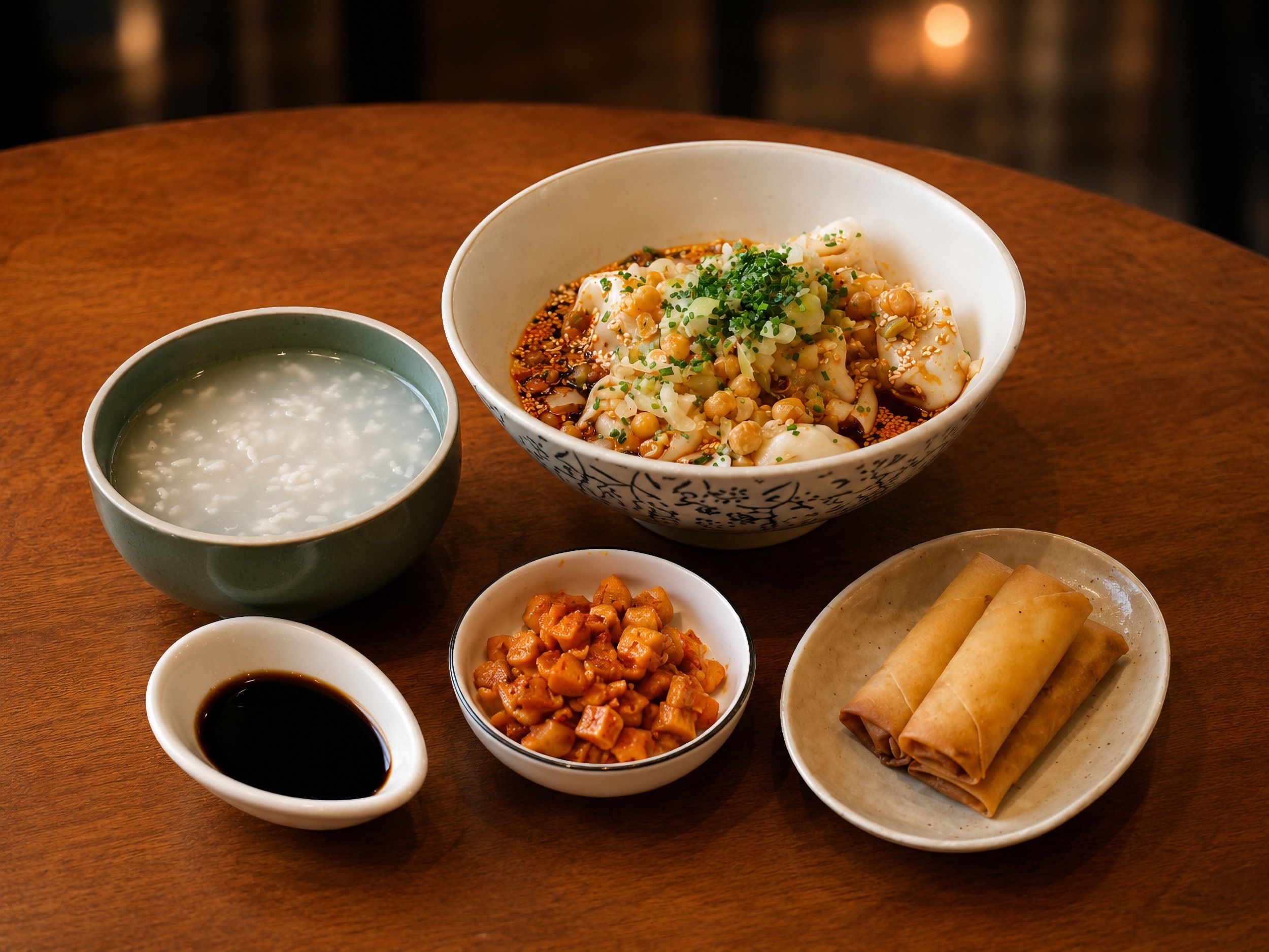 Una mesa con un tazón de arroz, un tazón de sopa, un recipiente pequeño de salsa, un tazón de kimchi y un plato de rollitos primavera.