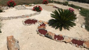 A landscaped garden with red flowers and a palm plant. - Sreser Dubrovnik Apartments Urlic (Janjina)