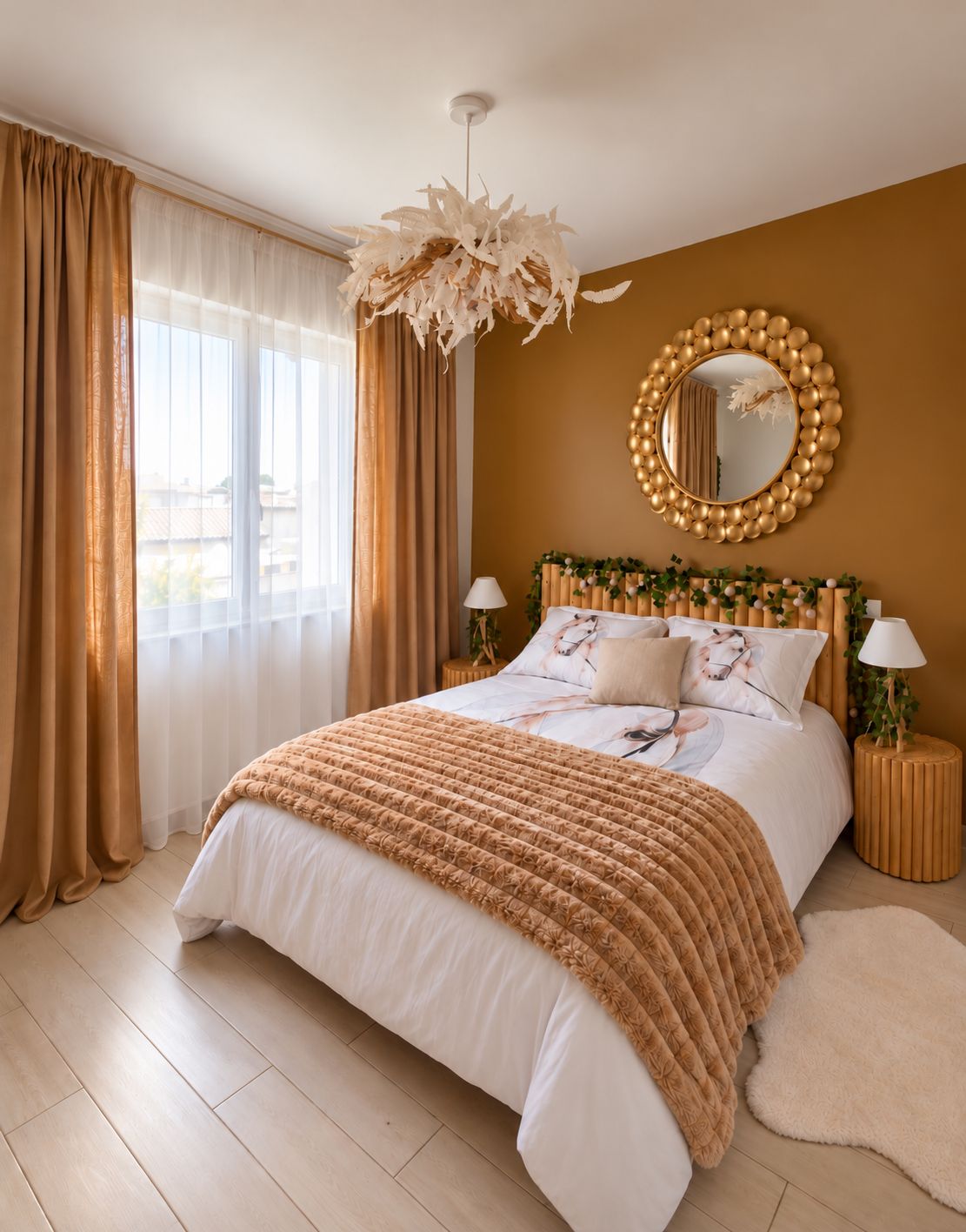 Une chambre à coucher avec un grand lit, un miroir rond et un luminaire suspendu.