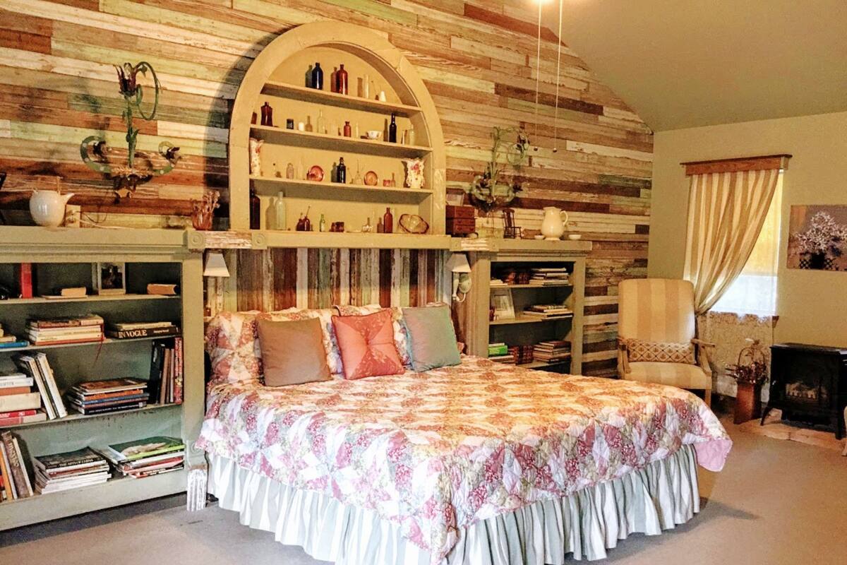 A bedroom with a large bed, bookshelves, and a fireplace.