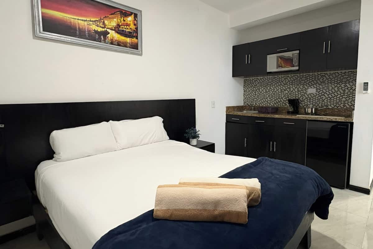 Un dormitorio con una cama grande, una mesita de noche, una pequeña mesa con una planta y una zona de cocina con armarios oscuros y un microondas.