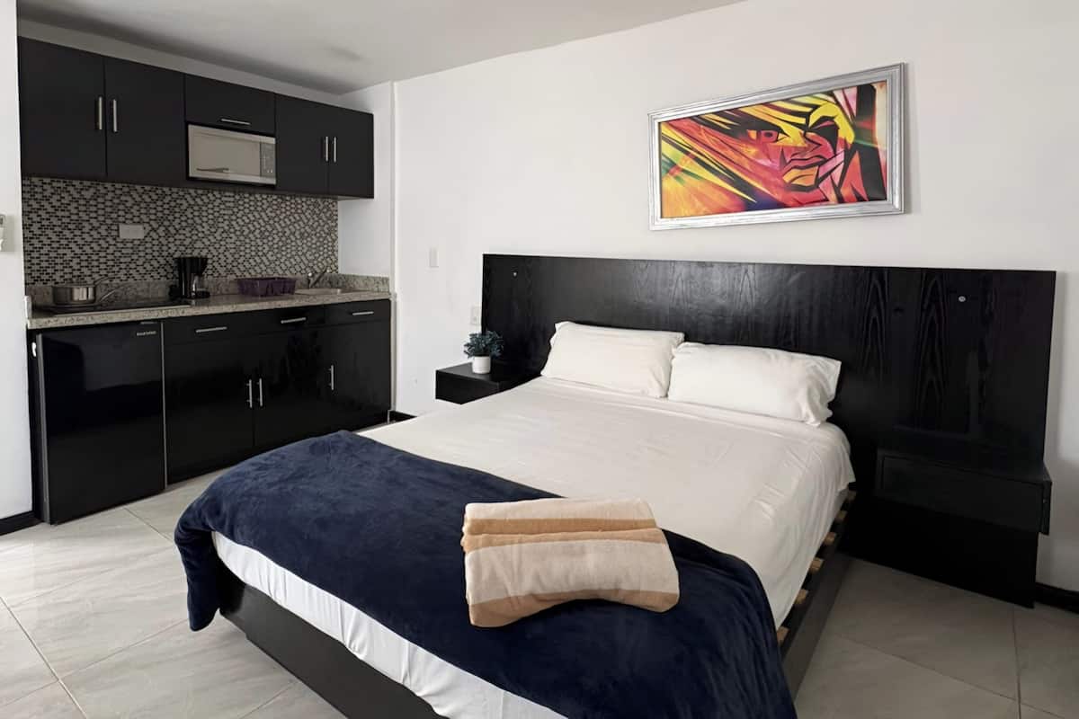 Un dormitorio moderno con una cama grande, una mesita de noche, un cuadro y una kitchenette al fondo.