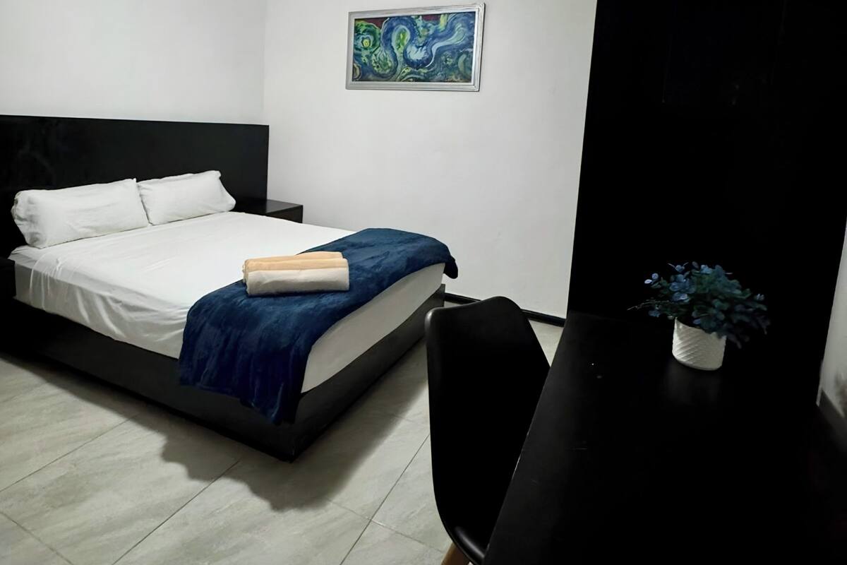 Habitación de hotel con cama, escritorio, silla, planta en maceta pequeña y un cuadro en la pared.