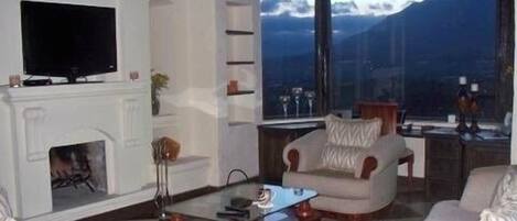 Smart TV, fireplace, DVD player, books