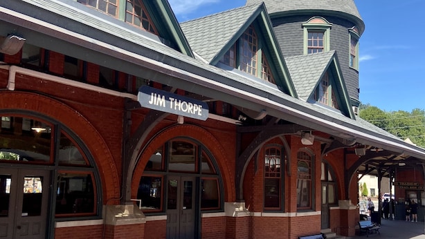 A train station with a prominent 'Jim Thorpe' sign, brick architecture, and a distinctive tower. - Book for Winter and Spring!  Great rates! Family and dog friendly! (Lake Harmony)