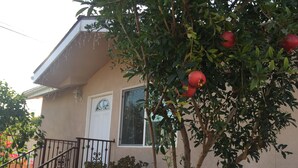 A house with a balcony, a potted plant, and a tree with pomegranates.
