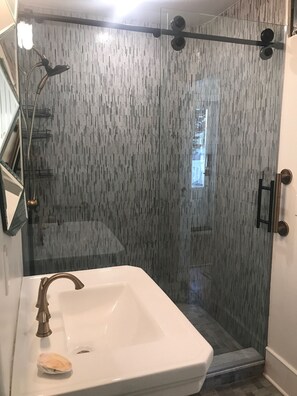 Combined shower/tub, hair dryer, soap, toilet paper